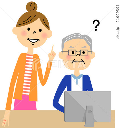 高齢者にパソコンを教える女性のイラスト素材