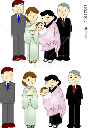 お宮参り 女の子の赤ちゃんと家族のイラスト素材