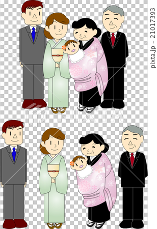 お宮参り 女の子の赤ちゃんと家族のイラスト素材