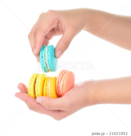 hand holding colorful macarons on white background 21021952