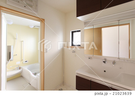 住宅　洗面室とバスルーム　自然光　施工例　洗面化粧台はハンドシャワー付 21023639