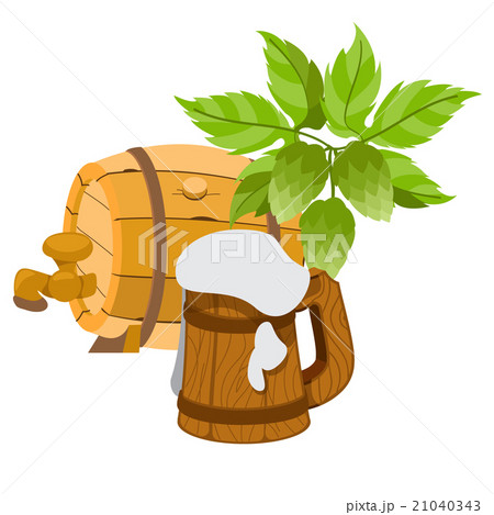 Wooden beer keg and a wooden mug of beer foam. 21040343