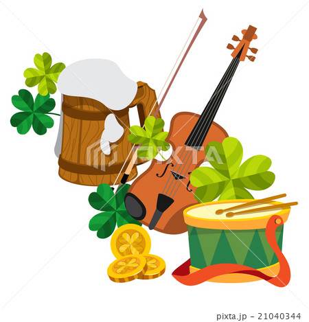 Wooden mug of beer foam, violin, clover and coins 21040344