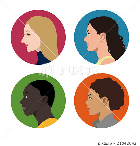 様々な国や人種の女性 横顔アイコン アバターのイラスト素材