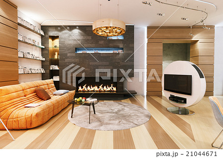 Big living room with many books and fireplace Big living room with many books and fireplace 21044671