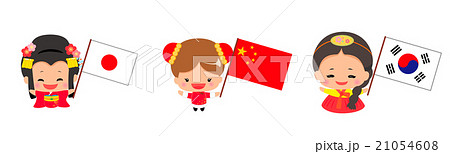 日本 韓国 中国の国旗を持った女の子セットのイラスト素材 21054608