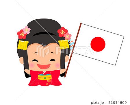 日本の国旗を持った着物姿の女の子のイラスト素材