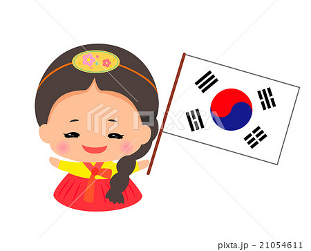 韓国の国旗を持ったチマチョゴリの女の子のイラスト素材 21054611