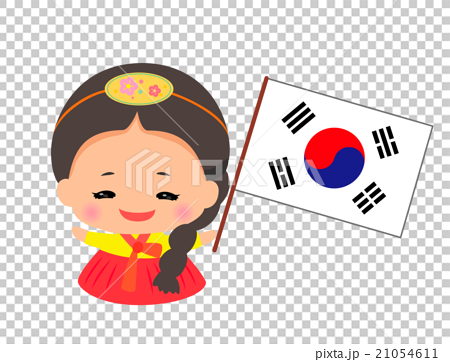 韓国の国旗を持ったチマチョゴリの女の子のイラスト素材