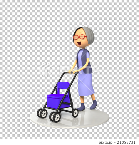 An old lady walking by pushing a silver cart 21055731