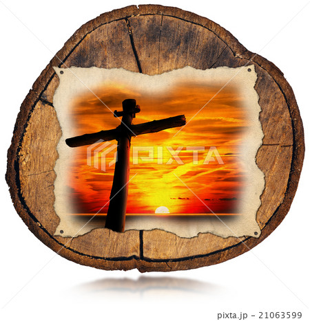 Jesus Cross at Sunset on Tree Trunk Jesus Cross at Sunset on Tree Trunk 21063599