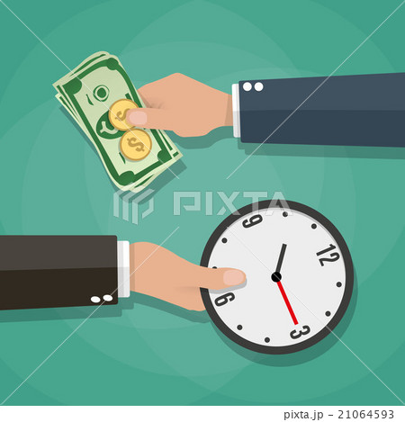 Two cartoon businessman hands cash and clocks Two cartoon businessman hands cash and clocks 21064593