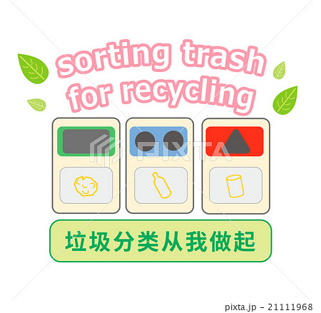 中国語 簡体字 と英語でゴミの分別を呼びかけるイラストのイラスト素材
