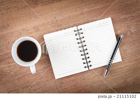 Blank open notebook with coffee cup, Business template mock up f Blank open notebook with coffee cup, Business template mock up f 21115102