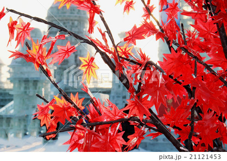Ice buildings in sunny daylight with a red branch Ice buildings in sunny daylight with a red branch 21121453