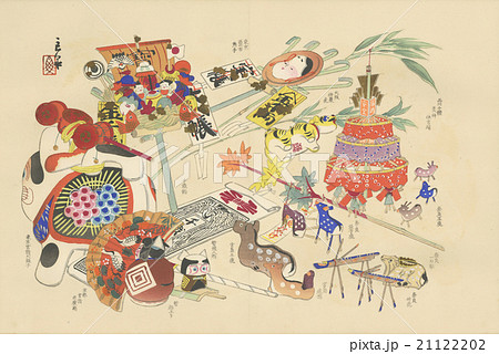 アンティークイラスト 川崎巨泉 1877 1942 作 おもちゃ絵 11月のおもちゃ のイラスト素材