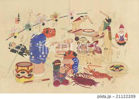 アンティークイラスト 川崎巨泉(1877-1942)作「おもちゃ絵：12月のおもちゃ」のイラスト素材 [21122209] - PIXTA