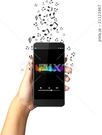 Hand holding smart phone with music notes Hand holding smart phone with music notes 21123867