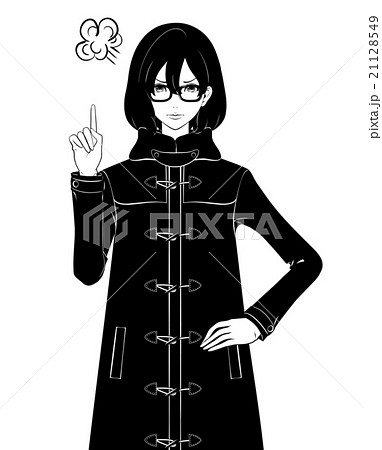 指を立てる女性 ダッフルコートと眼鏡 注意のイラスト素材