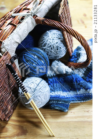 balls of wool and knitting needles on background 21133281
