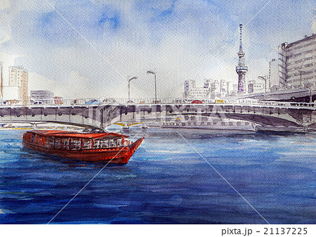 隅田川の屋形船と東京スカイツリーのイラスト素材