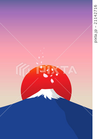 Fuji mountain with falling sakura and red sun 21142716