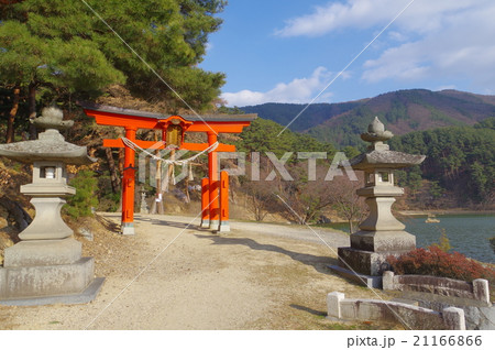 信州 松本の文化財 千鹿頭神社 参道 鳥居 横 千鹿頭池の写真素材