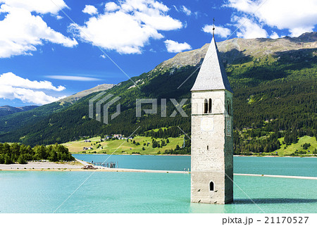 tower of sunken church in Resia lake, Tyrol, Italy 21170527