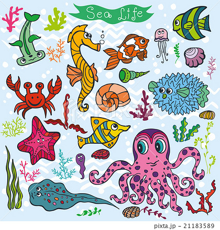 Cartoon Funny Fish, Sea Life background.Colored 21183589