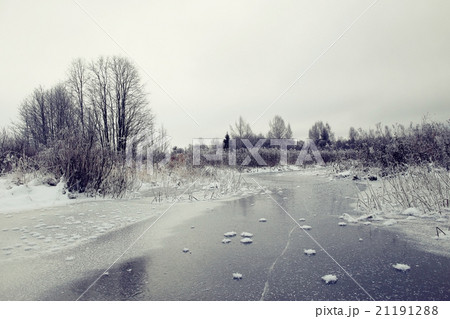 frozen creek in winter forest landscape frozen creek in winter forest landscape 21191288
