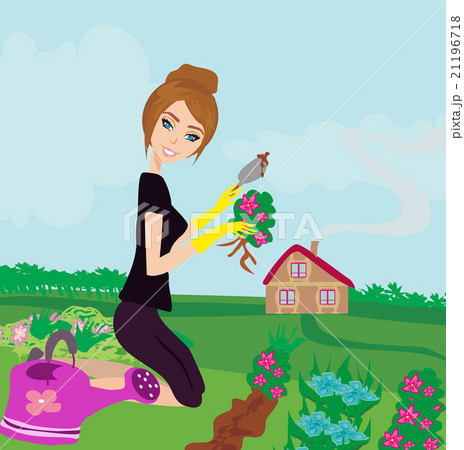 beautiful woman plant flowers in the garden beautiful woman plant flowers in the garden 21196718