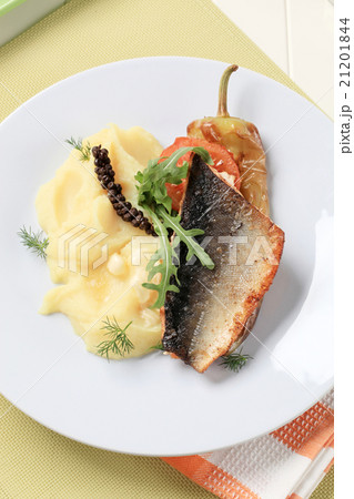 Pan fried salmon trout with mashed potato 21201844
