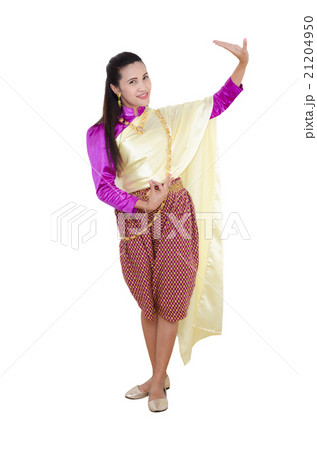 Thai girl in traditional costume dancing on white 21204950