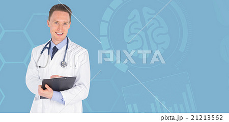 Composite image of portrait of smiling male doctor writing on cl 21213562