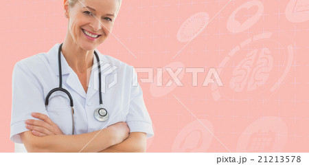 Composite image of happy doctor looking at camera with arms cros Composite image of happy doctor looking at camera with arms cros 21213578