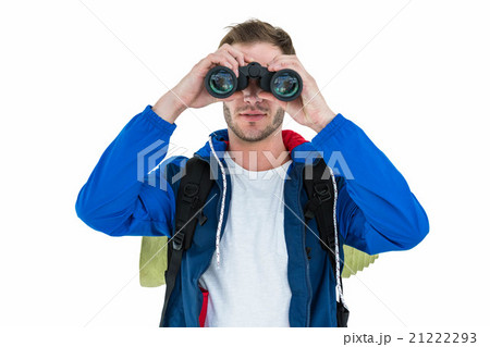 Backpacker hipster looking through binoculars Backpacker hipster looking through binoculars 21222293