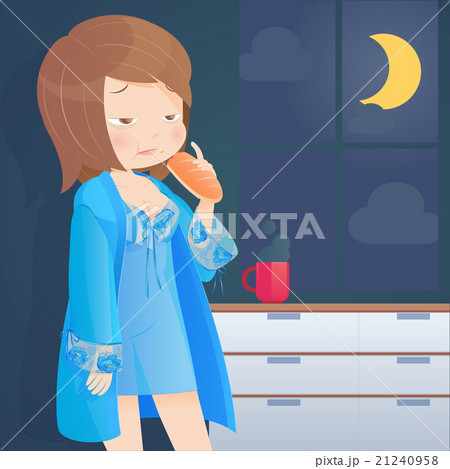 Hungry woman eating bread on kitchen at night Hungry woman eating bread on kitchen at night 21240958