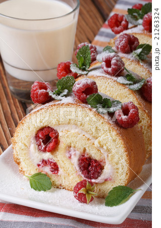 cake with fresh raspberries and milk on the table cake with fresh raspberries and milk on the table 21263324