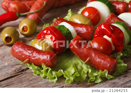 grilled sausages with tomato, olives, chili 21264255