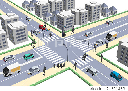 交差点モデル 建物 車 歩行者のイラスト素材