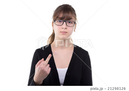 Teenage girl in glasses showing middle finger 21298126