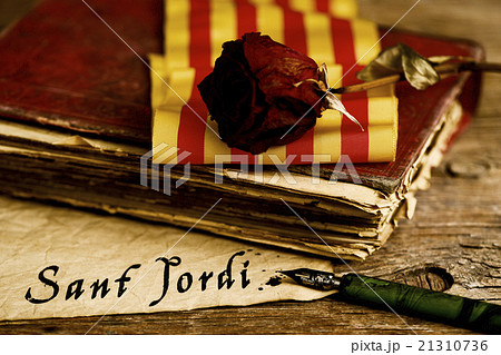 book, rose, catalan flag and text Sant Jordi 21310736