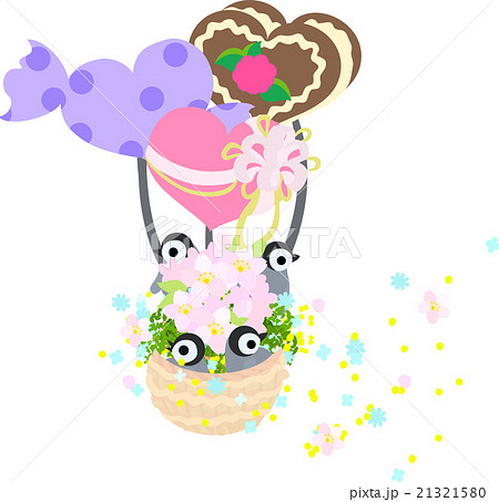 ペンギンの赤ちゃんと花々を乗せたハートの気球が飛び 花が舞うのイラスト素材