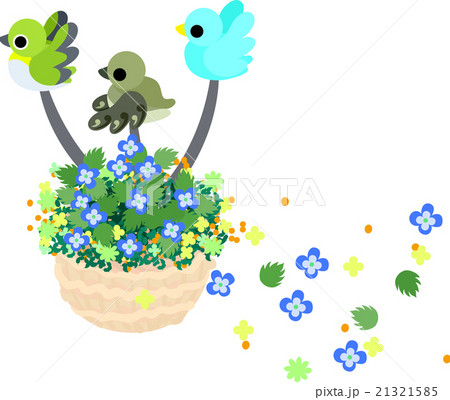 小鳥が花籠を抱えて飛び 花が舞うのイラスト素材