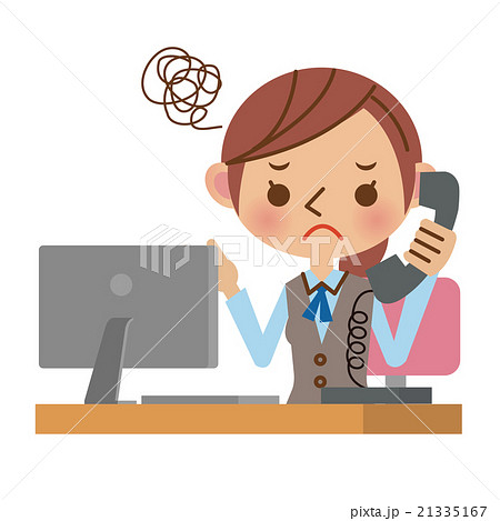 困った表情で電話対応をするol 事務職の女性のイラスト素材