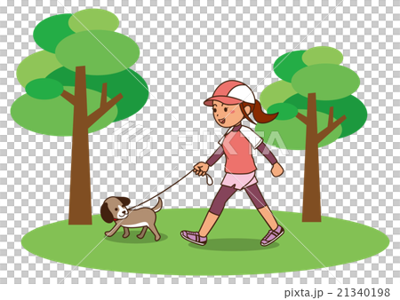犬の散歩をしながらウォーキングをしている女性のイメージイラストのイラスト素材