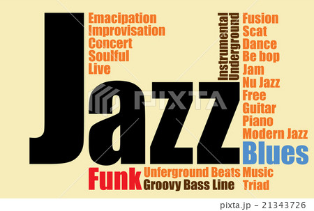 ジャズと音楽の文字のかたまり Jazz Music Word Cloudのイラスト素材