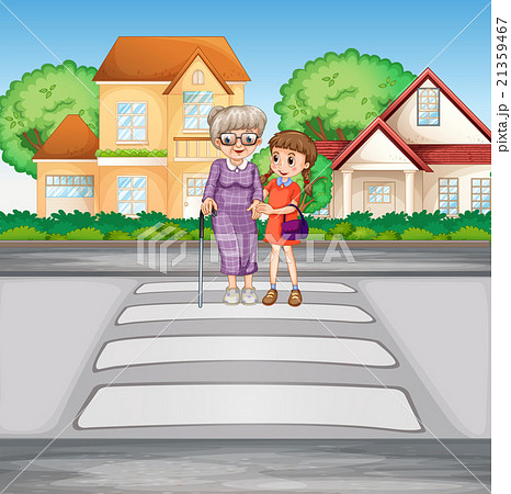 Grandmother and kid crossing the road Grandmother and kid crossing the road 21359467