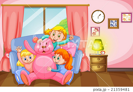 Three girls and pink teddy bear in living room Three girls and pink teddy bear in living room 21359481
