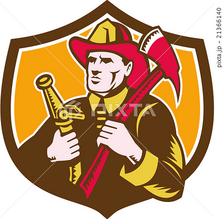 Fireman Firefighter  Axe Hose Crest Woodcut 21366140